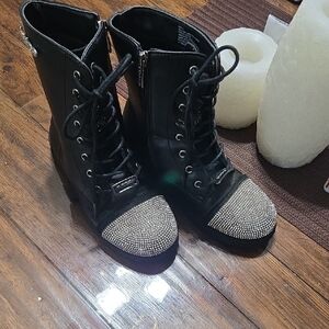 Elegant Black Rhinestone Combat Boots Big Girl Sz 3.